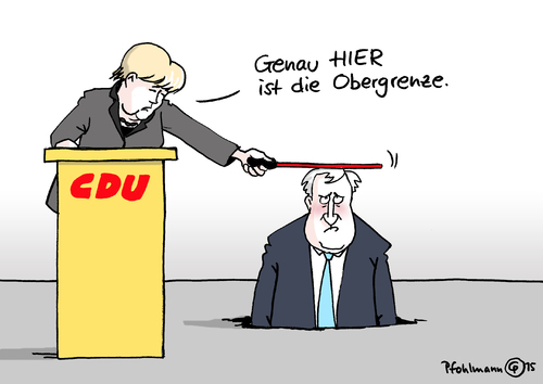 Cartoon: Seehofers Obergrenze (medium) by Pfohlmann tagged karikatur,cartoon,2015,color,farbe,deutschland,cdu,parteitag,merkel,parteivorsitzende,seehofer,gastredner,csu,union,gast,obergrenze,begrenzung,bundeskanzlerin,flucht,flüchtlinge,flüchtlingskrise,asyl,leitantrag,revanche,karikatur,cartoon,2015,color,farbe,deutschland,cdu,parteitag,merkel,parteivorsitzende,seehofer,gastredner,csu,union,gast,obergrenze,begrenzung,bundeskanzlerin,flucht,flüchtlinge,flüchtlingskrise,asyl,leitantrag,revanche