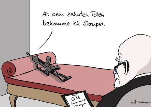 Cartoon: Skrupelgewehr (medium) by Pfohlmann tagged karikatur,cartoon,2015,color,farbe,deutschland,bundeswehr,36,sturmgewehr,heckler,und,koch,treffer,trefferquote,mangel,psychiater,freud,couch,psychotherapie,skrupel,hemmung,therapie,therapeut,karikatur,cartoon,2015,color,farbe,deutschland,bundeswehr,36,sturmgewehr,heckler,und,koch,treffer,trefferquote,mangel,psychiater,freud,couch,psychotherapie,skrupel,hemmung,therapie,therapeut