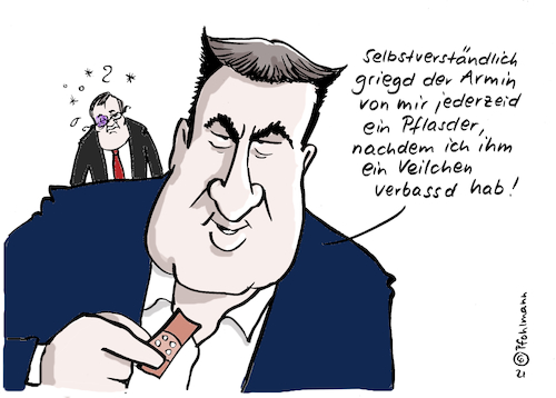 Cartoon: Söders Hilfe-Pflaster (medium) by Pfohlmann tagged union,cdu,csu,kanzler,kanzlerkandidat,kanzlerkandidatur,söder,laschet,pflaster,veilchen,bundestagswahl,bundestagswahlen,union,cdu,csu,kanzler,kanzlerkandidat,kanzlerkandidatur,söder,laschet,pflaster,veilchen,bundestagswahl,bundestagswahlen