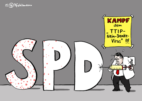 Cartoon: SPD-Impfung (medium) by Pfohlmann tagged karikatur,cartoon,2015,color,farbe,deutschland,ttip,transatlantisches,handelsabkommen,gabriel,spd,impfen,virus,ablehnung,widerstand,nein,danke,spritze,impfung,masern,ansteckung,karikatur,cartoon,2015,color,farbe,deutschland,ttip,transatlantisches,handelsabkommen,gabriel,spd,impfen,virus,ablehnung,widerstand,nein,danke,spritze,impfung,masern,ansteckung