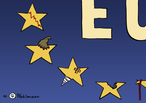 Cartoon: Sterne mit Macken (medium) by Pfohlmann tagged karikatur,color,farbe,2011,schuldenkrise,europa,euro,eu,sterne,regierungswechsel,regierungskrise,eurozone,euroländer,griechenland,italien,portugal,schulden,krücken,pflaster,schuldenkrise,europa,euro,eu,regierungswechsel,regierungskrise,eurozone,euroländer,griechenland,portugal,schulden,krücken,pflaster