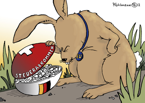 Cartoon: Steuerabkommen (medium) by Pfohlmann tagged karikatur,color,farbe,2012,deutschland,schweiz,steuerabkommen,steuersünder,steuerhinterzieher,steuerhinterziehung,ostern,osterhase,osterei,ei,überraschungsei,schwarzgeld,konten,eu,prüfung,europa,kommission,steuerhinterzieher,steuerhinterziehung,osterhase,ostern,steuersünder,steuerabkommen