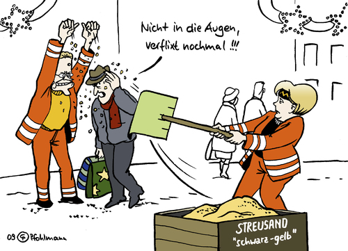 Cartoon: Streusand (medium) by Pfohlmann tagged streusand,winter,glätte,schnee,koalition,schwarz,gelb,fdp,cdu,merkel,westerwelle,bürger,sand,augen,streusand,winter,schnee,glätte,koalition,schwarz,gelb,fdp,angela merkel,guido westerwelle,bürger,augen,angela,merkel,guido,westerwelle