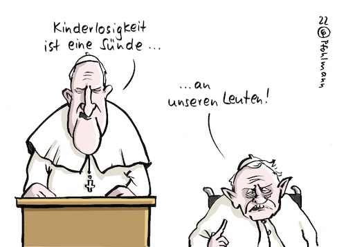 Cartoon: Sünde Kinderlosigkeit (medium) by Pfohlmann tagged kirche,religion,papst,päpste,franziskus,benedikt,kinderlosigkeit,sünde,sexueller,missbrauch,gutachten,gewalt,kinder,kirche,religion,papst,päpste,franziskus,benedikt,kinderlosigkeit,sünde,sexueller,missbrauch,gutachten,gewalt,kinder