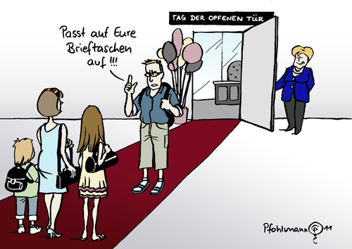 Cartoon: Tag des Offenen Kanzlerinnenamts (medium) by Pfohlmann tagged der,tag,kanzlerin,bundeskanzlerin,deutschland,2011,farbe,color,karikatur,diebstahl,dieb,geldbeutel,portemonnaie,brieftasche,bürgerinnen,bürger,touristen,urlaub,ausflug,familie,berlin,kanzleramt,bundeskanzleramt,tür,offenen,deutschland,bundeskanzlerin,kanzlerin,bundeskanzleramt,kanzleramt,berlin,familie,ausflug,brieftasche,bürgerinnen,merkel