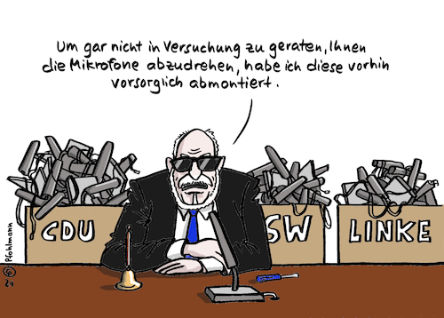 Cartoon: Thüringen Mikrofone (medium) by Pfohlmann tagged thüringen,landtag,mikrofone,demokratie,afd,sitzung,treutler,präsident,parlament,verfassung,geschäftsordnung,alterspräsident,thüringen,landtag,mikrofone,demokratie,afd,sitzung,treutler,präsident,parlament,verfassung,geschäftsordnung,alterspräsident