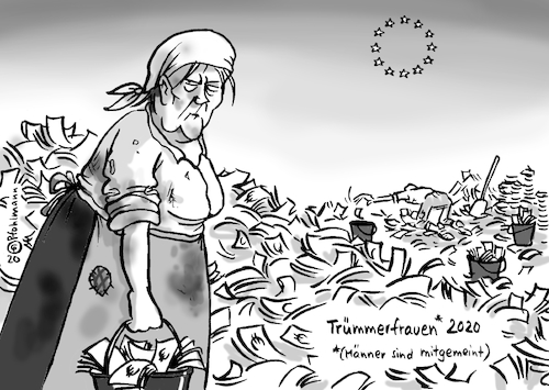 Cartoon: Trümmerfrauen - Wiederaufbau (medium) by Pfohlmann tagged 2020,deutschland,eu,merkel,bundeskanzlerin,trümmerfrauen,wiederaufbau,krieg,weltkrieg,geld,euro,hilfe,coronakrise,corona,pandemie,wirtschaft,wirtschaftskrise,europa,2020,deutschland,eu,merkel,bundeskanzlerin,trümmerfrauen,wiederaufbau,krieg,weltkrieg,geld,euro,hilfe,coronakrise,corona,pandemie,wirtschaft,wirtschaftskrise,europa