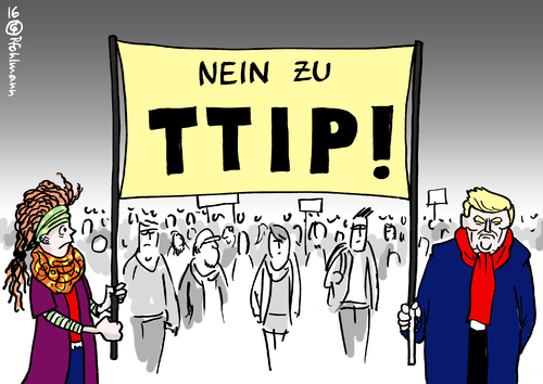 Cartoon: Trump und TTIP (medium) by Pfohlmann tagged karikatur,cartoon,2016,color,farbe,global,usa,deutschland,eu,trump,präsident,ttip,gegner,freihandel,freihandelsabkommen,demo,demonstration,wahl,wahlsieger,wahlsieg,republikaner,transparent,demonstranten,widerstand,europa,karikatur,cartoon,2016,color,farbe,global,usa,deutschland,eu,trump,präsident,ttip,gegner,freihandel,freihandelsabkommen,demo,demonstration,wahl,wahlsieger,wahlsieg,republikaner,transparent,demonstranten,widerstand,europa