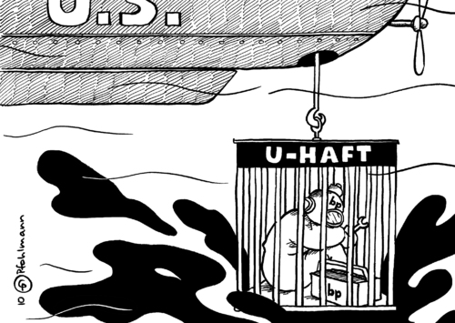 Cartoon: U-Haft (medium) by Pfohlmann tagged haft,bp,ölpest,untersuchtungshaft,ölkatastrophe,usa,golf,von,mexiko,bohrinsel,werkzeug,erdöl,boot,haft,bp,ölpest,untersuchungshaft,ölkatastrophe,usa,golf von mexiko,golf,von,mexiko