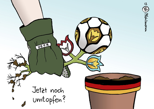 Cartoon: Umtopfen? (medium) by Pfohlmann tagged karikatur,color,farbe,2012,ukraine,fußball,umtopfen,ausrichtungsort,deutschland,boykott,em,euro,europameisterschaft,timoschenko,hungerstreik,gefängnis,haft,uefa,ausrichter,gastgeber,ausreise,behandlung,blumentopf,pflanze,logo,handschuh,gartenhandschuh,2012,ukraine,fußball,umtopfen,ausrichtungsort,deutschland,europameisterschaft,euro,em