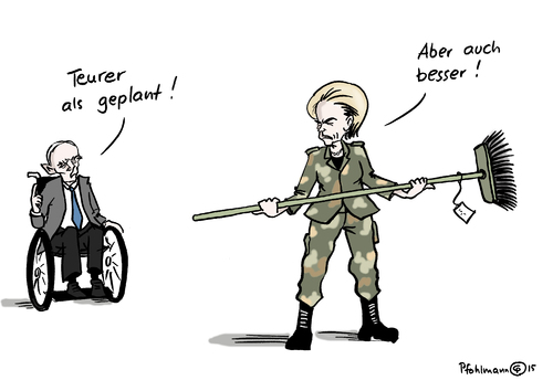 Cartoon: Uschis Besen (medium) by Pfohlmann tagged karikatur,cartoon,2015,color,farbe,deutschland,von,der,leyen,verteidigungsministerin,bundeswehr,rüstung,besen,schäuble,finanzminister,ausrüstung,ausrüstungsmängel,mängel,hubschrauber,rüstungsauftrag,teurer,kostensteigerung,karikatur,cartoon,2015,color,farbe,deutschland,von,der,leyen,verteidigungsministerin,bundeswehr,rüstung,besen,schäuble,finanzminister,ausrüstung,ausrüstungsmängel,mängel,hubschrauber,rüstungsauftrag,teurer,kostensteigerung