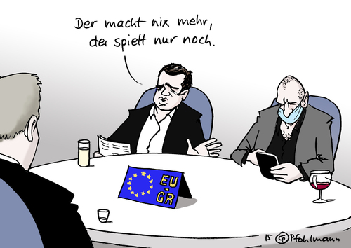 Cartoon: Varoufakis spielt (medium) by Pfohlmann tagged karikatur,cartoon,2015,color,farbe,griechenland,eu,varoufakis,finanzminister,schuldenkrise,entmachtung,stumm,maulkorb,verhandlungen,kredit,hilfe,tsipras,regierung,syriza,spielen,spieltheorie,handy,smartphone,karikatur,cartoon,2015,color,farbe,griechenland,eu,varoufakis,finanzminister,schuldenkrise,entmachtung,stumm,maulkorb,verhandlungen,kredit,hilfe,tsipras,regierung,syriza,spielen,spieltheorie,handy,smartphone