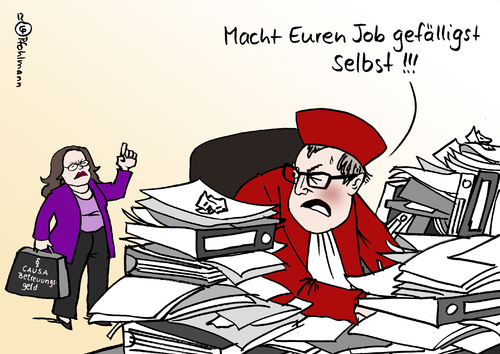 Cartoon: Verfassungsklage (medium) by Pfohlmann tagged karikatur,cartoon,color,farbe,2012,deutschland,verfassungsgericht,bundesverfassungsgericht,betreuungsgeld,klage,spd,nahles,ankündigung,drohung,gesetz,gesetzgeber,gesetzgebung,richter,verfassungsrichter,vosskuhle,überlastung,überarbeitung,karikatur,cartoon,color,farbe,2012,deutschland,verfassungsgericht,bundesverfassungsgericht,betreuungsgeld,klage,spd,nahles,ankündigung,drohung,gesetz,gesetzgeber,gesetzgebung,richter,verfassungsrichter,vosskuhle,überlastung,überarbeitung