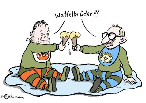 Cartoon: Waffelbrüder (medium) by Pfohlmann tagged karikatur,cartoon,color,farbe,2018,deutschland,ungarn,bayern,csu,seeon,klausurtagung,orban,victor,waffenbrüder,waffelbrüder,waffeln,eiswaffeln,fies,gast,einladung,flüchtlingspolitik,asylpolitik,merkel,bundeskanzlerin,eiskugel,karikatur,cartoon,color,farbe,2018,deutschland,ungarn,bayern,csu,seeon,klausurtagung,orban,victor,waffenbrüder,waffelbrüder,waffeln,eiswaffeln,fies,gast,einladung,flüchtlingspolitik,asylpolitik,merkel,bundeskanzlerin,eiskugel