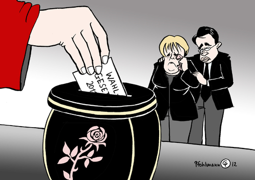 Cartoon: Wahlurne (medium) by Pfohlmann tagged karikatur,color,farbe,2012,deutschland,bundesverfassungsgericht,wahlgesetz,mandatsverteilung,überhangsmandate,gleichheit,gleichheitsgrundsatz,grundgesetz,verfassungsgericht,verfassungsrichter,urne,wahlurne,tod,verstoß,ablehnung,klage,merkel,bundeskanzlerni,rösler,schwarz,gelb,koalition,regierung,reform,bundestagswahl