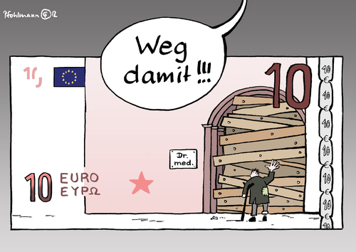 Cartoon: Weg damit! (medium) by Pfohlmann tagged karikatur,color,farbe,2012,deutschland,praxisgebühr,gesundheitsminister,abschaffen,abschaffung,forderung,bahr,krankenkassen,gesundheitssystem,überschuss,finanzierung,10,euro,banknote,geldschein,arzt,arztpraxis,praxis,krankheit,armut,benachteiligung,arztbesuch,2012,deutschland,praxisgebühr,gesundheitsminister,abschaffen,abschaffung,forderung,bahr,krankenkassen