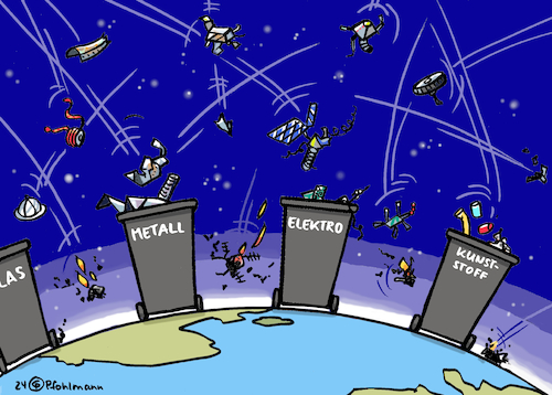 Cartoon: Weltraumschrott trennen (medium) by Pfohlmann tagged iss,weltall,weltraum,weltraumschrott,raumfahrt,umwelt,müll,abfall,trennung,mülltrennung,abfalltrennung,batterie,erde,globus,wegwerfgesellschaft,elektroschrott,schrott,mülltonnen,glas,elektro,metall,kunsstoffe,plastik,altglas,altmetall,entsorgung,raumstation,menschheit,iss,weltall,weltraum,weltraumschrott,raumfahrt,umwelt,müll,abfall,trennung,mülltrennung,abfalltrennung,batterie,erde,globus,wegwerfgesellschaft,elektroschrott,schrott,mülltonnen,glas,elektro,metall,kunsstoffe,plastik,altglas,altmetall,entsorgung,raumstation,menschheit