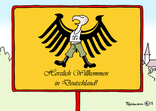 Cartoon: Willkommenskultur (medium) by Pfohlmann tagged karikatur,cartoon,color,farbe,2013,deutschland,einwanderung,immigration,migration,zuwanderung,fachkräfte,fachkräftemangel,zuwanderer,ausländer,arbeitskräfte,nazi,neonazi,rechtsextremismus,rechts,skinhead,bundesadler,herzlich,willkommen,willkommenskultur,begrüßung,ausländerfeindlichkeit,ausländerfeindlich,karikatur,cartoon,color,farbe,2013,deutschland,einwanderung,immigration,migration,zuwanderung,fachkräfte,fachkräftemangel,zuwanderer,ausländer,arbeitskräfte,nazi,neonazi,rechtsextremismus,rechts,skinhead,bundesadler,herzlich,willkommen,willkommenskultur,begrüßung,ausländerfeindlichkeit,ausländerfeindlich