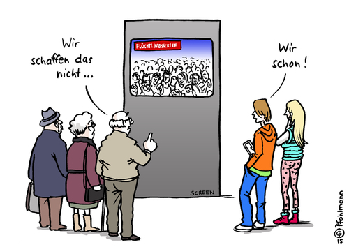 Cartoon: Jugend schafft das (medium) by Pfohlmann tagged aufnahme,flüchtlinge,asylbewerber,asyl,flucht,welt,global,umfrage,statistik,fremdenfeindlichkeit,ausländerfeindlichkeit,jung,alt,jugendliche,jugend,studie,shell,nachrichten,flüchtlingskrise,das,schaffen,wir,deutschland,farbe,color,2015,cartoon,karikatur,karikatur,cartoon,2015,color,farbe,deutschland,wir,schaffen,das,flüchtlingskrise,nachrichten,shell,studie,jugend,jugendliche,alt,jung,ausländerfeindlichkeit,fremdenfeindlichkeit,statistik,umfrage,global,welt,flucht,asyl,asylbewerber,flüchtlinge,aufnahme,integration,migration,immigration