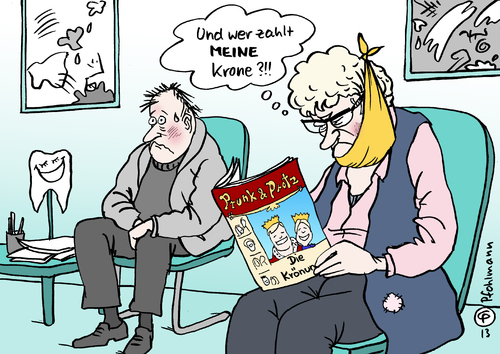 Cartoon: Zahnkrone (medium) by Pfohlmann tagged krone,zahnarzt,königin,beatrix,abdankung,alexander,willem,könig,krönung,niederlande,holland,2013,farbe,color,cartoon,karikatur,wartezimmer,bezahlen,krankenkasse,gesundheitssystem,armut,altersarmut,karikatur,cartoon,color,farbe,2013,holland,niederlande,krönung,könig,willem,alexander,abdankung,beatrix,königin,zahnarzt,krone,wartezimmer,bezahlen,krankenkasse,gesundheitssystem,armut,altersarmut