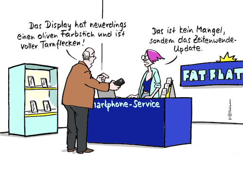 Cartoon: Zeitenwende-Display (medium) by Pfohlmann tagged smartphone,handy,reklamation,update,zeitenwende,krieg,ukraine,russland,nahost,israel,gaza,iran,tarnflecken,flecktarn,oliv,militär,militarisierung,display,kaputt,handyladen,smartphoneklinik,smartphone,handy,reklamation,update,zeitenwende,krieg,ukraine,russland,nahost,israel,gaza,iran,tarnflecken,flecktarn,oliv,militär,militarisierung,display,kaputt,handyladen,smartphoneklinik