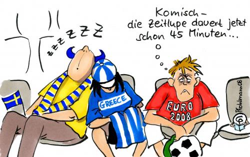 Cartoon: Zeitlupe (medium) by Pfohlmann tagged euro,2008,fußball,em,griechenland,schweden,zeitlupe,euro2008,fußball,fussball,em,europameisterschaft,meisterschaft,schweden,zeitlupe,sport,langweilig,länge,hinausziehen,action,fanblock,fans,stadion,schlafen,einschlafen,ermüdend,lange