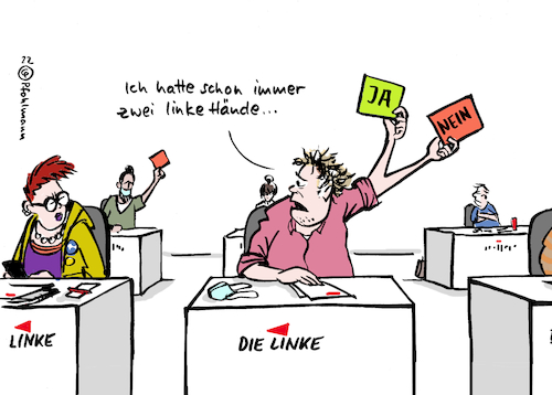 Cartoon: Zwei linke Hände (medium) by Pfohlmann tagged linke,linkspartei,hände,abstimmung,wahl,pro,contra,ukraine,krieg,militär,nato,russland,angriff,invasion,verteidigung,partei,ambivalenz,dilemma,außenpolitik,linke,linkspartei,hände,abstimmung,wahl,pro,contra,ukraine,krieg,militär,nato,russland,angriff,invasion,verteidigung,partei,ambivalenz,dilemma,außenpolitik