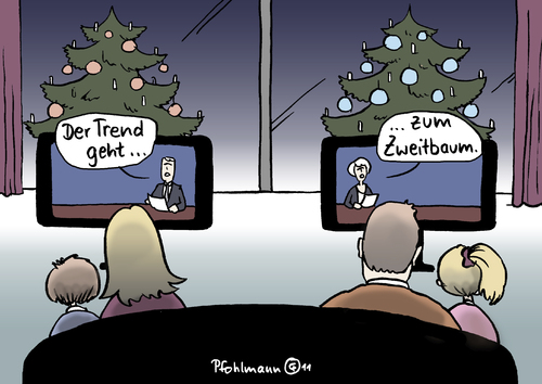 Cartoon: Zweitbaum (medium) by Pfohlmann tagged konsum,familie,nachrichten,fernseher,fernsehen,tv,zweitbaum,trend,christbaum,weihnachtsbaum,weihnachten,deutschland,2011,farbe,color,karikatur,2011,deutschland,weihnachten,weihnachtsbaum,christbaum,trend