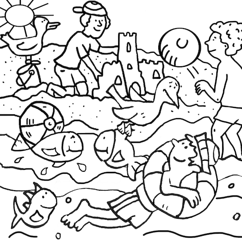 Cartoon: ausmalbild Strand (medium) by sabine voigt tagged strand,meer,sommer,sommerferien,sand,sonnenschirm,wasser,schwimmen,sandburg,kinder,tiere,eis