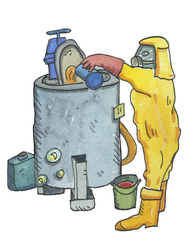 Cartoon: chemie gift (medium) by sabine voigt tagged chemie,gift,labor,gefahr,säure,lauge,schutzanzug,lager