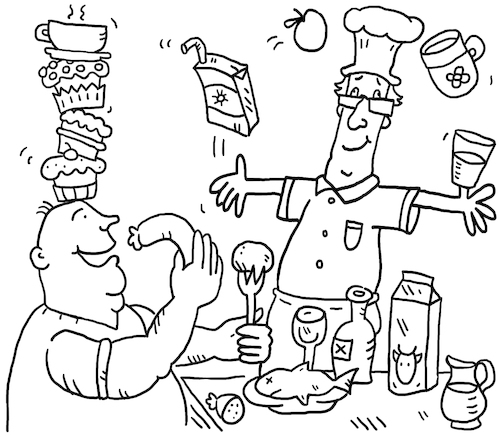 Cartoon: Essen Koch (medium) by sabine voigt tagged essen,koch,kochen,diät,wellness,restaurant,wurst,fleisch,vegetarier,veganer