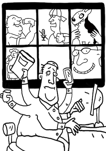 Cartoon: Internet computer (medium) by sabine voigt tagged internet,computer,zoom,online,konferenz,multitasking,multimedia,tracking,überwathung,laptop