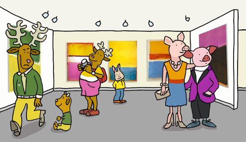 Cartoon: Museum abstrakte Malerei (medium) by sabine voigt tagged museum,abstrakte,malerei,rothko,kunst,kultur,expressionismus,bildung,corona,corvid,farben,kunstgeschichte,kinder,cartoon,witz,abstrakt,gegenstandslos,modern