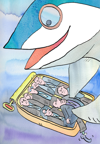 Cartoon: Sardine Arbeit (medium) by sabine voigt tagged sardine,arbeit,beruf,angestellter,tarif,lohn,gewerkschaft,arbeiter