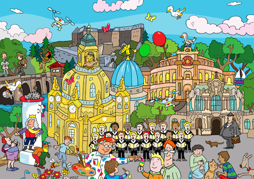 Cartoon: Wimmelbild Dresden (medium) by sabine voigt tagged wimmelbild,chor,dresden,kirche,thomaner,bach,literatur,dom,barock,karl,may,goethe,sachsen,kurfürst,geschichte,denkmal,deutschland,stadt,musik,kultur,stollen,dichterweg,kinder,emil,und,die,detektive