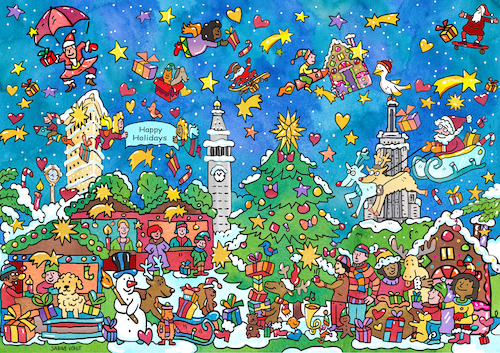 Cartoon: Wimmelbild Happy Holidays (medium) by sabine voigt tagged wimmelbild,weihnachten,weihnachtsmarkt,new,york,winter,stände,markt,schnee,feiertage,weihnachtsmann,schlitten,geschenke,tannenbaum