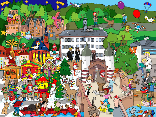 Cartoon: Wimmelbild Heidelberg (medium) by sabine voigt tagged wimmelbild,heidelberg,universität,weihnachtsmarkt,dichterweg,göthe,karl,may,kinder,fluss,wald,tiere,weihnachten,winter,schnee,sommer,deutschland,tourismus,reisen,studium,studenten