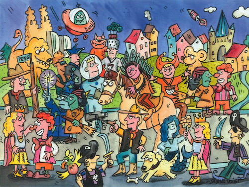 Cartoon: Wimmelbild Karneval (medium) by sabine voigt tagged wimmelbild,karneval,kostüm,köln,clown,kölsch,rhein,dom,tourismus