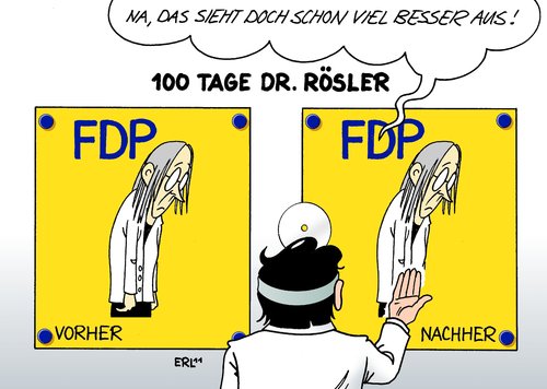 Cartoon: 100 Tage Dr. Rösler (medium) by Erl tagged umfragetief,wert,umfrage,nachher,vorher,fortschritt,heilung,kramk,patient,arzt,doktor,rösler,philipp,vorsitz,fdp,fdp,vorsitz,philipp rösler,doktor,arzt,patient,kramk,heilung,fortschritt,vorher,nachher,umfrage,wert,philipp,rösler