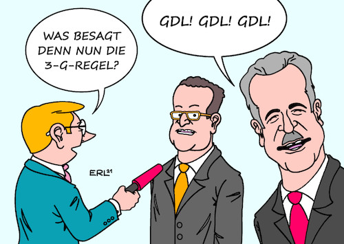 Cartoon: 3-G-Regel (medium) by Erl tagged politik,corona,virus,pandemie,covid,19,vierte,welle,fallzahlen,anstieg,inzidenz,35,drei,regel,innenräume,geimpfte,genesene,getestete,geimpft,genesen,getestet,bahnstreik,lokführer,gewerkschaft,gdl,chef,claus,weselsky,streik,personenzüge,güterzüge,bahn,karikatur,erl,politik,corona,virus,pandemie,covid,19,vierte,welle,fallzahlen,anstieg,inzidenz,35,drei,regel,innenräume,geimpfte,genesene,getestete,geimpft,genesen,getestet,bahnstreik,lokführer,gewerkschaft,gdl,chef,claus,weselsky,streik,personenzüge,güterzüge,bahn,karikatur,erl