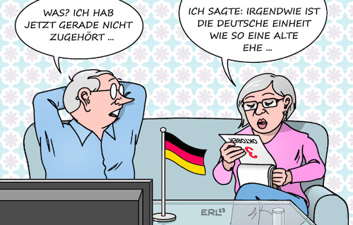 Cartoon: 33 Jahre verheiratet (medium) by Erl tagged politik,deutschland,tag,der,deutschen,einheit,wiedervereinigung,oktober,1990,33,jahre,brd,ddr,west,ost,wessi,ossi,verheiratet,alte,ehe,auseinandergelebt,couch,fernsehen,gespräch,karikatur,erl,politik,deutschland,tag,der,deutschen,einheit,wiedervereinigung,oktober,1990,33,jahre,brd,ddr,west,ost,wessi,ossi,verheiratet,alte,ehe,auseinandergelebt,couch,fernsehen,gespräch,karikatur,erl