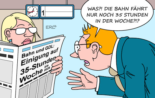 Cartoon: 35-Stunden-Woche (medium) by Erl tagged politik,verkehr,tarifverhandlungen,bahn,gewerkschaft,gdl,lokführer,chef,claus,weselsky,streik,warnstreik,wellenstreik,streikwelle,verhandlungen,einigung,35,stunden,woche,arbeitszeit,zeitung,bahnhof,fahrgast,bahnkundin,bahnkunde,karikatur,erl,politik,verkehr,tarifverhandlungen,bahn,gewerkschaft,gdl,lokführer,chef,claus,weselsky,streik,warnstreik,wellenstreik,streikwelle,verhandlungen,einigung,35,stunden,woche,arbeitszeit,zeitung,bahnhof,fahrgast,bahnkundin,bahnkunde,karikatur,erl