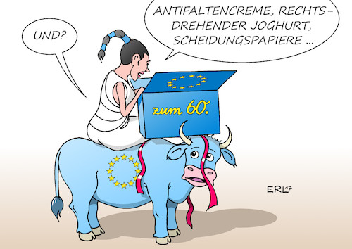 Cartoon: 60 Jahre Europa (medium) by Erl tagged sechzig,60,jahre,römische,verträge,ewg,eg,eu,europa,stier,jubiläum,geburtstag,geschenke,krise,rechtspopulismus,brexit,flüchtlingskrise,egoismus,solidarität,antifaltencreme,rechtsdrehend,joghurt,scheidung,scheidungspapiere,karikatur,erl,sechzig,60,jahre,römische,verträge,ewg,eg,eu,europa,stier,jubiläum,geburtstag,geschenke,krise,rechtspopulismus,brexit,flüchtlingskrise,egoismus,solidarität,antifaltencreme,rechtsdrehend,joghurt,scheidung,scheidungspapiere,karikatur,erl