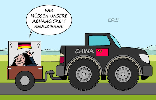 Cartoon: Abhängigkeit (medium) by Erl tagged politik,bundeskanzler,olaf,scholz,besuch,china,deutschland,wirtschaft,beziehungen,abhängigkeit,reduzieren,gefahr,angriff,taiwan,sanktionen,zugmaschine,auto,anhänger,karikatur,erl,politik,bundeskanzler,olaf,scholz,besuch,china,deutschland,wirtschaft,beziehungen,abhängigkeit,reduzieren,gefahr,angriff,taiwan,sanktionen,zugmaschine,auto,anhänger,karikatur,erl