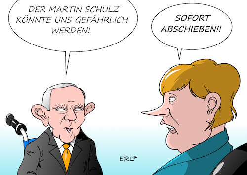 Cartoon: abschieben (medium) by Erl tagged finanzminister,wolfgang,schäuble,cdu,kritik,martin,schulz,kanzlerkandidat,spd,bundestagswahl,wahl,chancen,umfragewerte,hoch,gefahr,verhandlungen,bund,länder,abschiebungen,flüchtlinge,asyl,ablehnung,gefährder,bundeskanzlerin,angela,merkel,karikatur,erl,finanzminister,wolfgang,schäuble,cdu,kritik,martin,schulz,kanzlerkandidat,spd,bundestagswahl,wahl,chancen,umfragewerte,hoch,gefahr,verhandlungen,bund,länder,abschiebungen,flüchtlinge,asyl,ablehnung,gefährder,bundeskanzlerin,angela,merkel,karikatur,erl