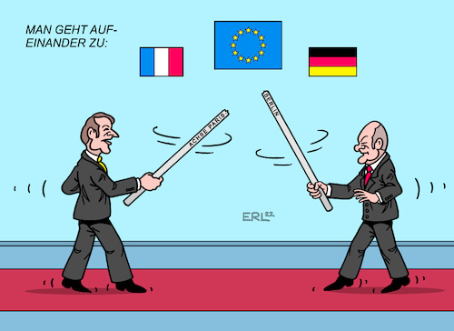 Cartoon: Achse Paris-Berlin (medium) by Erl tagged politik,europa,eu,achse,paris,berlin,frankreich,deutschland,präsident,macron,bundeskanzler,scholz,differenzen,streit,energiekrise,gas,gaspreisbremse,einkauf,rüstung,projekte,europapolitik,fechten,karikatur,erl,politik,europa,eu,achse,paris,berlin,frankreich,deutschland,präsident,macron,bundeskanzler,scholz,differenzen,streit,energiekrise,gas,gaspreisbremse,einkauf,rüstung,projekte,europapolitik,fechten,karikatur,erl