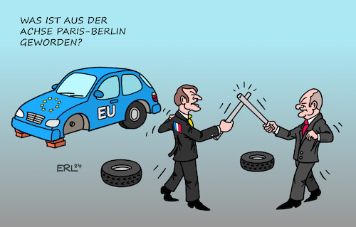 Cartoon: Achse Paris-Berlin (medium) by Erl tagged politik,eu,führung,achse,paris,berlin,frankreich,deutschland,präsident,emmanuel,macron,bundeskanzler,olaf,scholz,rivalität,kämpfe,gefechte,fechten,auto,reifen,karikatur,erl,politik,eu,führung,achse,paris,berlin,frankreich,deutschland,präsident,emmanuel,macron,bundeskanzler,olaf,scholz,rivalität,kämpfe,gefechte,fechten,auto,reifen,karikatur,erl