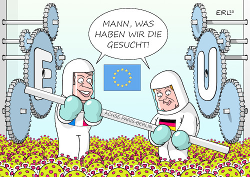 Cartoon: Achse Paris Berlin (medium) by Erl tagged politik,corona,virus,pandemie,kontaktverbot,ausgang,beschränkung,schließung,lockdown,wirtschaft,tourismus,eu,versagen,solidarität,wiederentdeckung,achse,paris,berlin,deutschland,frankreich,macron,merkel,aufbauplan,euro,geld,europa,karikatur,erl,politik,corona,virus,pandemie,kontaktverbot,ausgang,beschränkung,schließung,lockdown,wirtschaft,tourismus,eu,versagen,solidarität,wiederentdeckung,achse,paris,berlin,deutschland,frankreich,macron,merkel,aufbauplan,euro,geld,europa,karikatur,erl