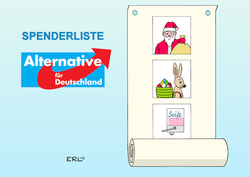 Cartoon: AfD-Spenderliste (medium) by Erl tagged politik,partei,spende,afd,parteispenden,spender,verschleierung,verstoß,gesetz,parteienfinanzierung,image,saubermann,alice,weidel,spenderliste,liste,weihnachtsmann,osterhase,seifenspender,karikatur,erl,politik,partei,spende,afd,parteispenden,spender,verschleierung,verstoß,gesetz,parteienfinanzierung,image,saubermann,alice,weidel,spenderliste,liste,weihnachtsmann,osterhase,seifenspender,karikatur,erl