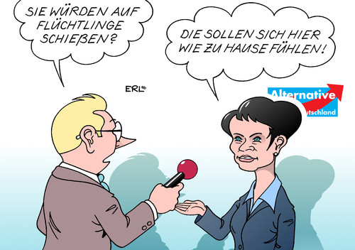 Cartoon: AfD gastfreundlich (medium) by Erl tagged afd,alternative,für,deutschland,partei,rechtspopulismus,rechtsextremismus,vorsitz,frauke,petry,grenzschutz,schusswaffe,schießen,flüchtlinge,flucht,bürgerkrieg,terrror,terrorismus,zu,hause,gastfreundschaft,zynismus,karikatur,erl,afd,alternative,für,deutschland,partei,rechtspopulismus,rechtsextremismus,vorsitz,frauke,petry,grenzschutz,schusswaffe,schießen,flüchtlinge,flucht,bürgerkrieg,terrror,terrorismus,zu,hause,gastfreundschaft,zynismus,karikatur,erl